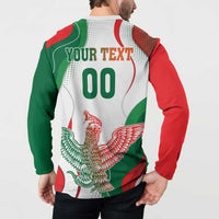 Zip-up sweatshirt, white/green/red, eagle graphic with 'YOUR TEXT'.