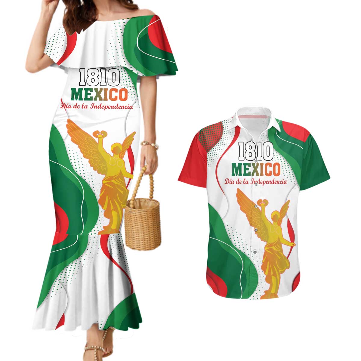 Custom Mexico Independence Day Couples Matching Mermaid Dress and Hawaiian Shirt Monumento A La Independencia