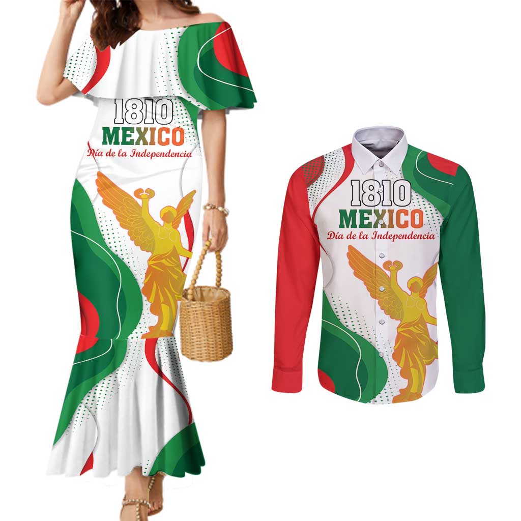 Custom Mexico Independence Day Couples Matching Mermaid Dress and Long Sleeve Button Shirt Monumento A La Independencia