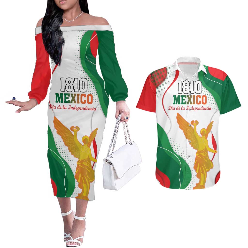 Custom Mexico Independence Day Couples Matching Off The Shoulder Long Sleeve Dress and Hawaiian Shirt Monumento A La Independencia