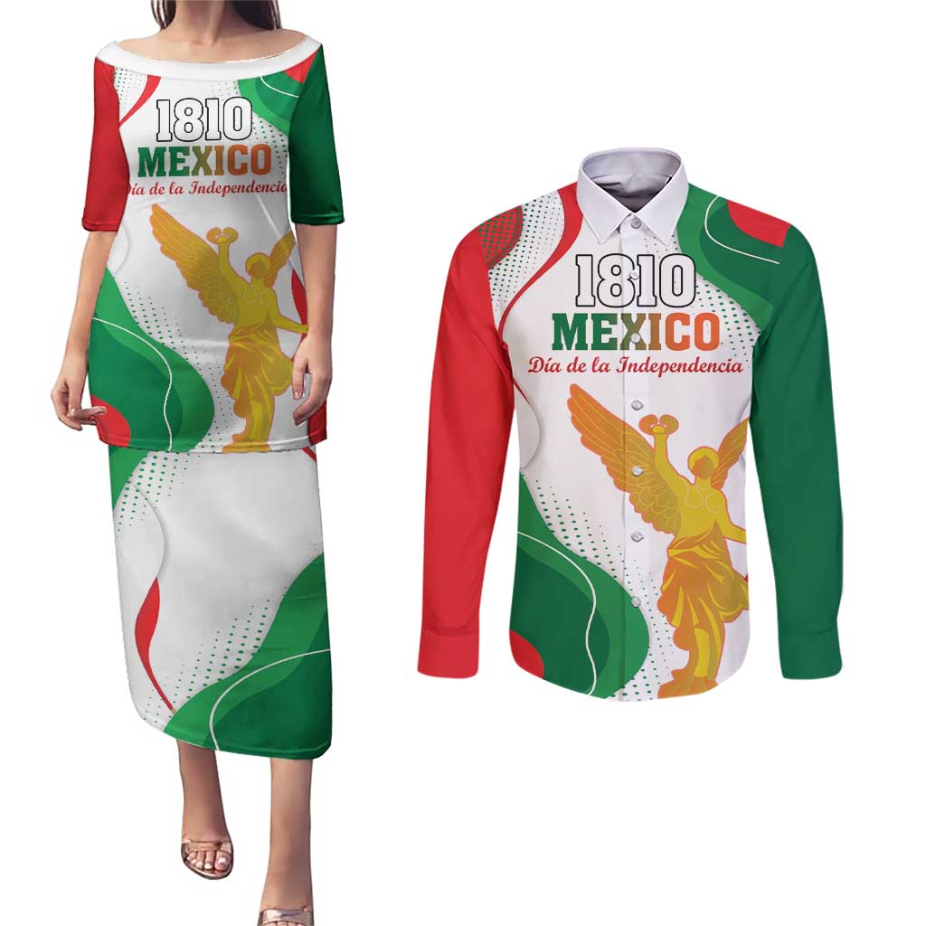 Custom Mexico Independence Day Couples Matching Puletasi and Long Sleeve Button Shirt Monumento A La Independencia