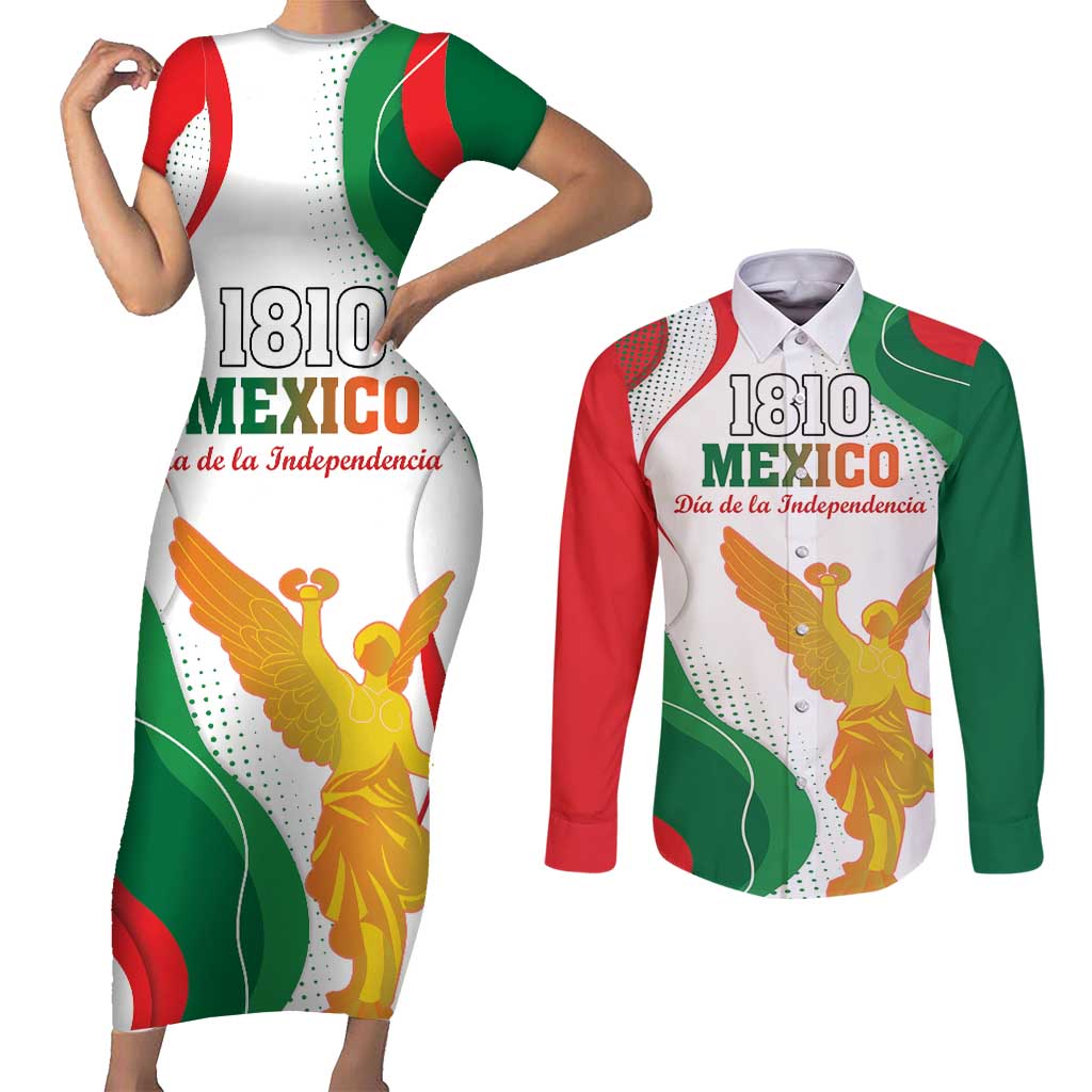 Custom Mexico Independence Day Couples Matching Short Sleeve Bodycon Dress and Long Sleeve Button Shirt Monumento A La Independencia