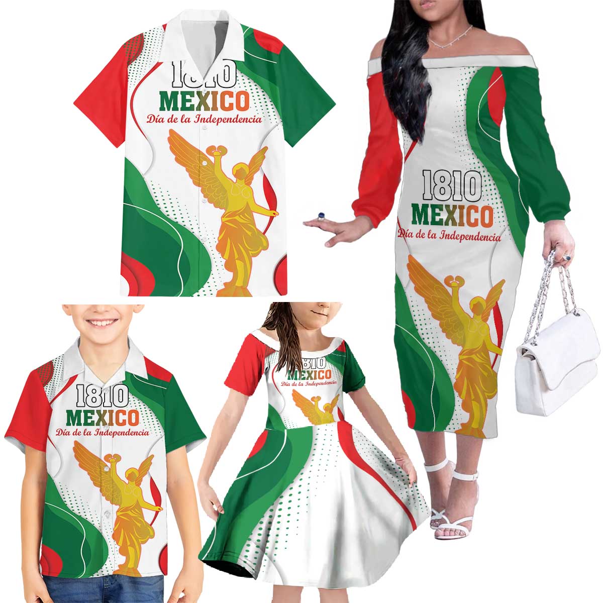 Custom Mexico Independence Day Family Matching Off The Shoulder Long Sleeve Dress and Hawaiian Shirt Monumento A La Independencia