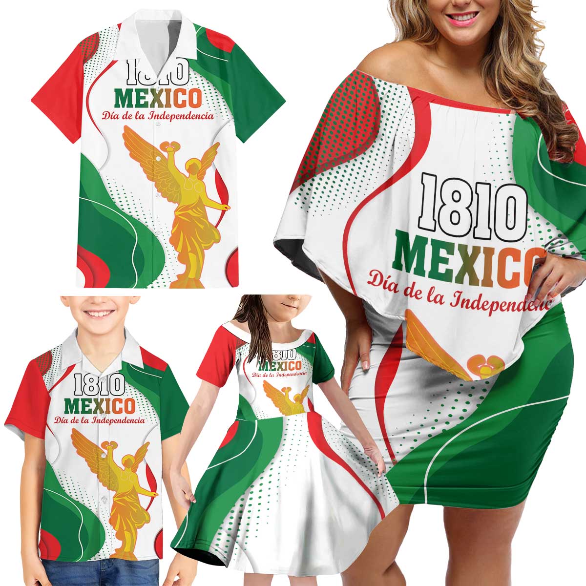 Custom Mexico Independence Day Family Matching Off Shoulder Short Dress and Hawaiian Shirt Monumento A La Independencia