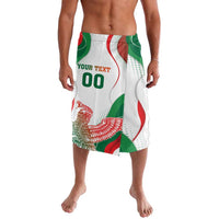 Printed lavalava wrap skirt: white with green/red flag print and eagle emblem
