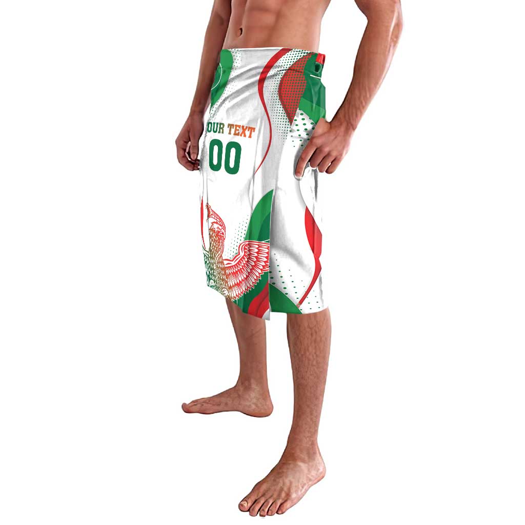 Printed lavalava wrap skirt, white with green/red flag print, eagle graphic and text area