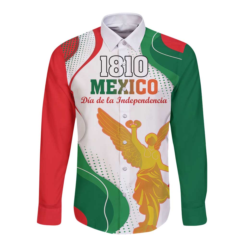 Unisex long-sleeve button shirt, white with red/green Independence graphic and 1810 Mexico print