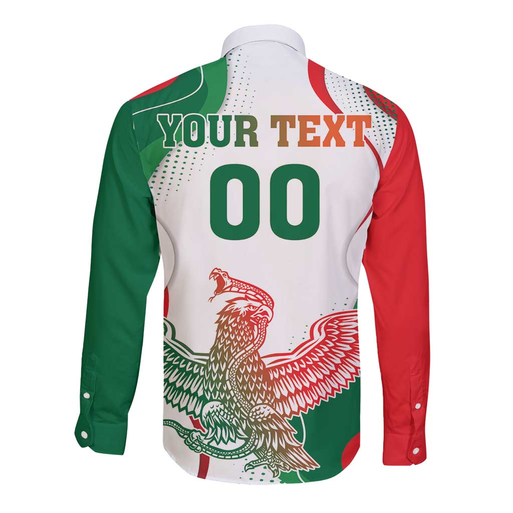 Unisex long-sleeve button shirt, white with red/green back print: YOUR TEXT 00 eagle
