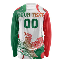 Unisex long-sleeve shirt, white with green/red sides, back text "YOUR TEXT" and 00