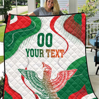 Quilt blanket with Mexican flag colors, “00 YOUR TEXT” and eagle graphic, quilted pattern