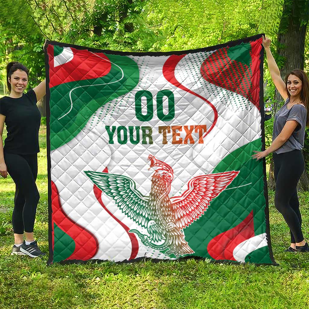 Mexican flag quilt blanket with “00 YOUR TEXT” and eagle motif, held outdoors