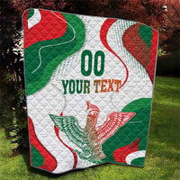 Quilt blanket with Mexican flag colors, “00 YOUR TEXT” and eagle graphic, spread on grass
