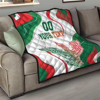 Quilt blanket with Mexican flag theme, “00 YOUR TEXT” and eagle design, on sofa