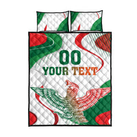 White quilt with eagle graphic and '00 YOUR TEXT', with 2 matching pillowcases