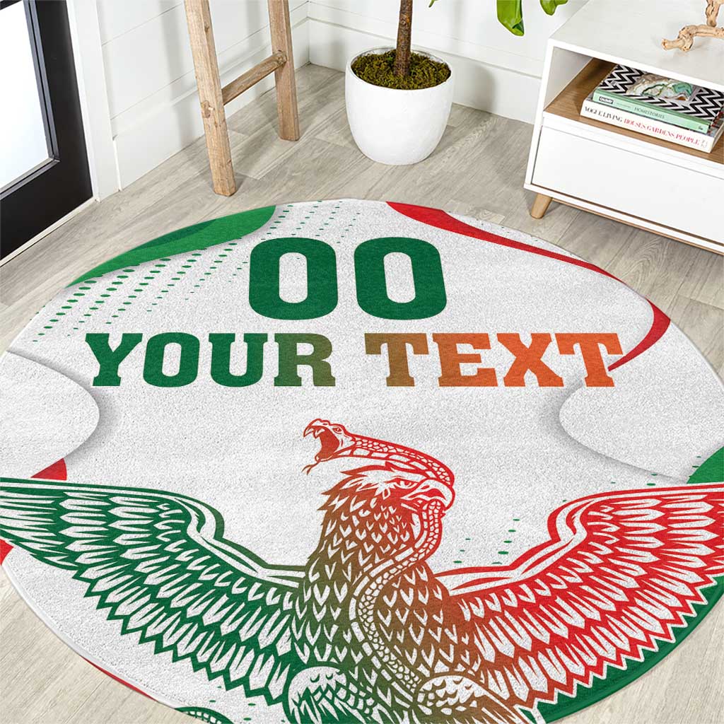 Custom round area rug with white base, red and green eagle graphic, “YOUR TEXT”