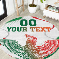 Custom round area rug with white base, red and green eagle graphic, “YOUR TEXT”