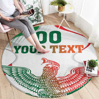 Custom round area rug with white center, “OO YOUR TEXT” and red-green eagle