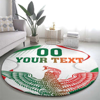 Custom round area rug, white with “OO YOUR TEXT” and red-green eagle