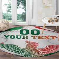 Custom round area rug with “OO YOUR TEXT” and red-green eagle wing design