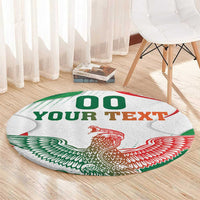Custom round area rug with white base, “OO YOUR TEXT” and red-green eagle wings