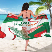 Mexico-themed white sarong with eagle emblem and 'YOUR TEXT' text, draped around body