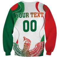Unisex white raglan sweatshirt with YOUR TEXT 00 and eagle graphic, red and green sleeves