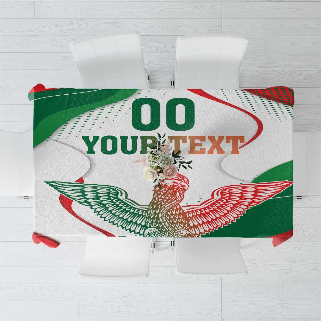 White tablecloth panel with green/red eagle monument design and large placeholder text