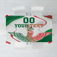 White tablecloth panel with green/red eagle monument design and large placeholder text