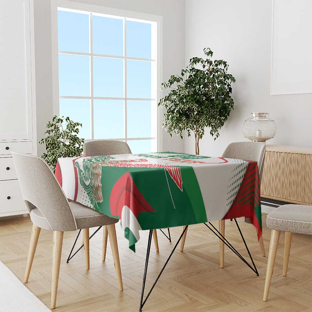 White tablecloth with green and red eagle monument print, covering round dining table