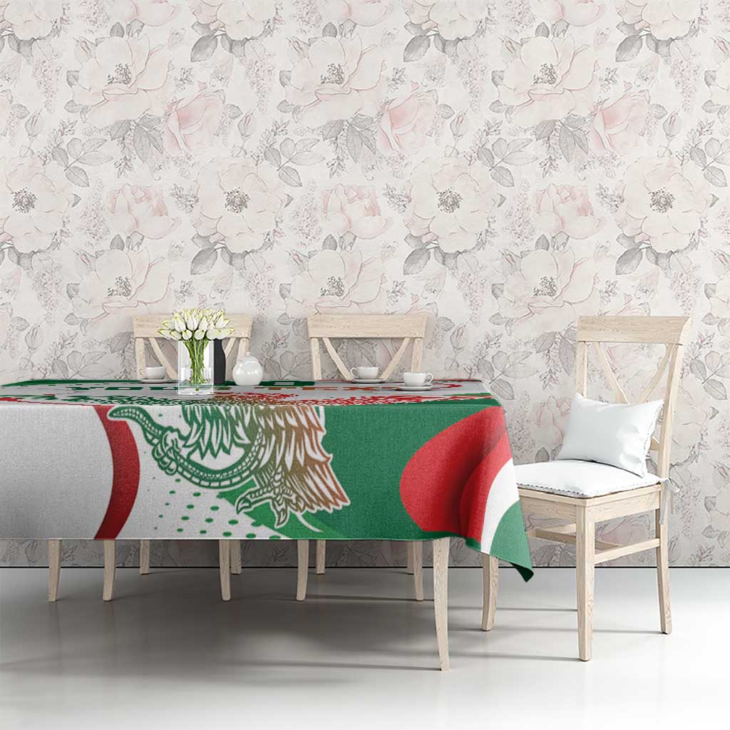 White tablecloth with green and red eagle monument pattern, on dining table