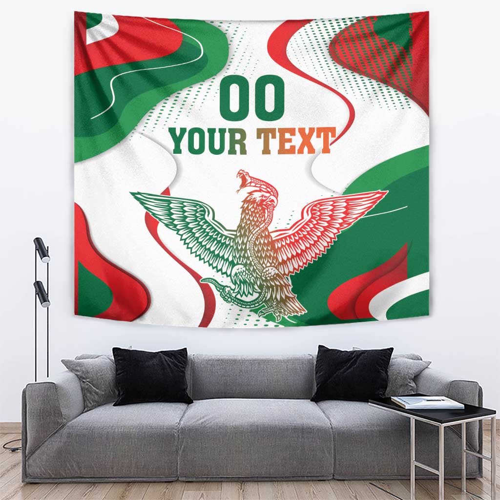 Wall tapestry with red, green, and white waves, eagle graphic, and “YOUR TEXT”.