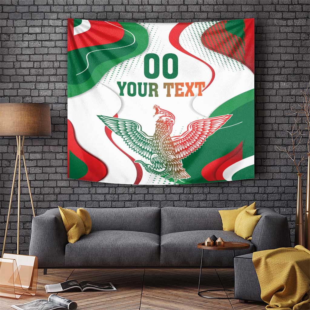 Decorative wall tapestry in red, green, and white with eagle art and “YOUR TEXT”.