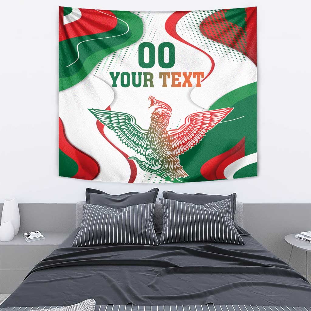 Red, green, and white wall tapestry featuring an eagle illustration and “00 YOUR TEXT”.