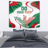 Red, green, and white wall tapestry featuring an eagle illustration and “00 YOUR TEXT”.