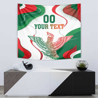 Wall tapestry with eagle center art, red and green flags, and “00 YOUR TEXT” header.