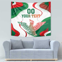 Wall tapestry in red, green, and white displaying “00 YOUR TEXT” and an eagle graphic.