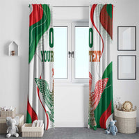 Two-panel white window curtain set with Mexican flag design, red/green eagle, “YOUR TEXT”