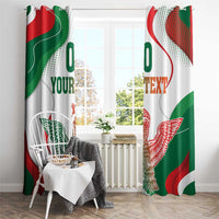 White window curtain pair with Mexican flag pattern and eagle emblem, “YOUR TEXT”