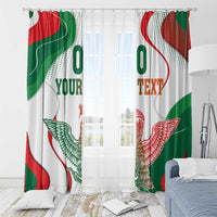White window curtain set with eagle and Mexican flag waves; rod-mounted top, “YOUR TEXT”