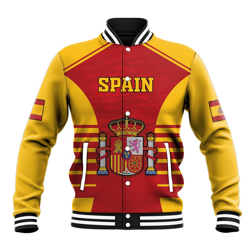 Red & yellow varsity jacket with 'SPAIN' front, embroidered coat of arms, snap buttons