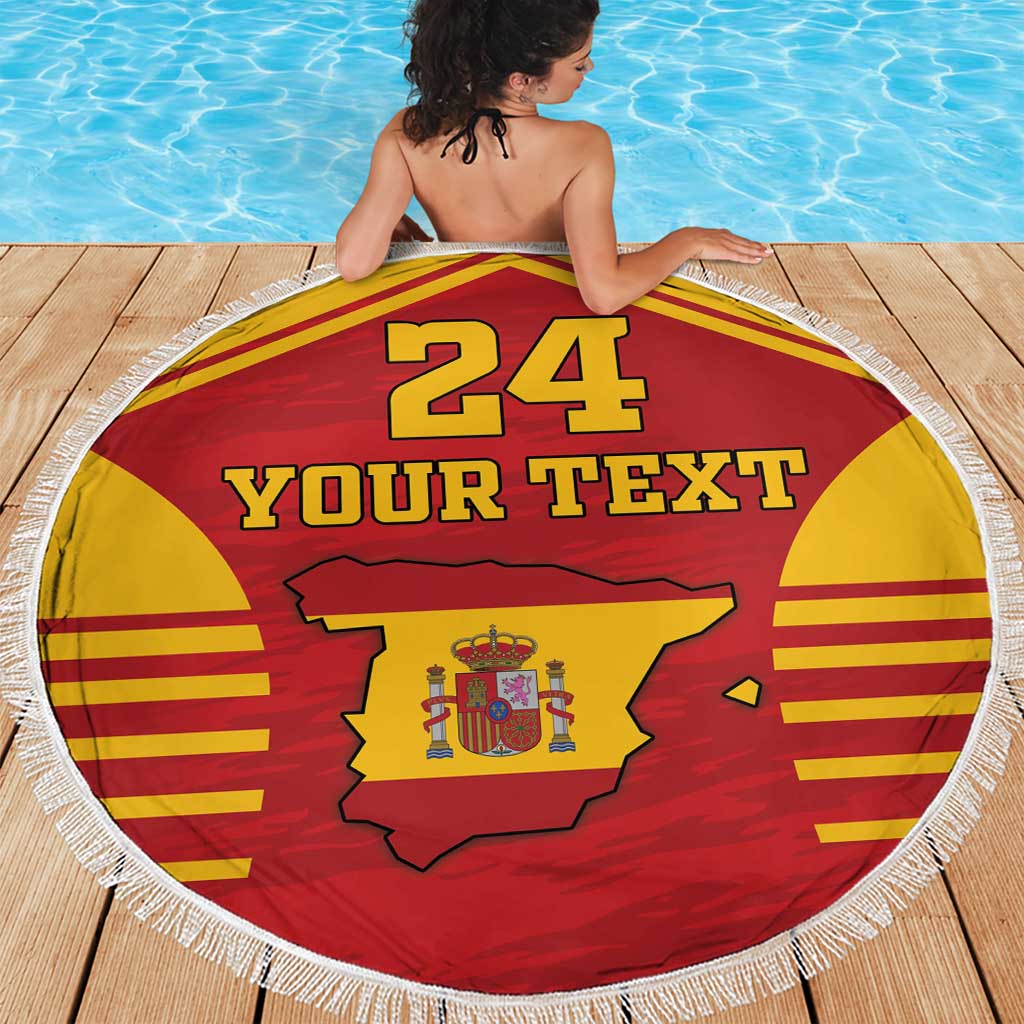 Spain themed round beach blanket with white fringe, red/yellow map graphic, '24' and 'YOUR TEXT'