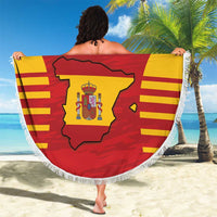 Spain flag themed beach blanket, round with white fringe, coat of arms, '24' and 'YOUR TEXT'