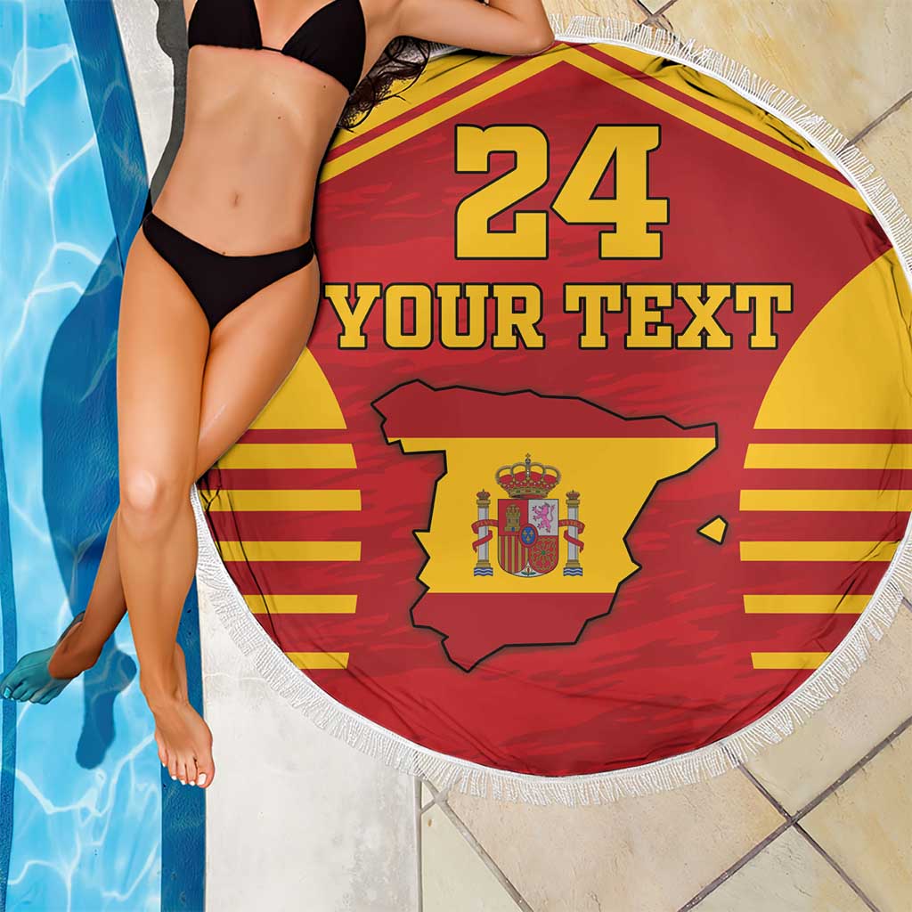 Spain themed round beach blanket with fringe, red and yellow coat of arms, '24' and 'YOUR TEXT'