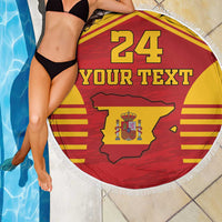 Spain themed round beach blanket with fringe, red and yellow coat of arms, '24' and 'YOUR TEXT'
