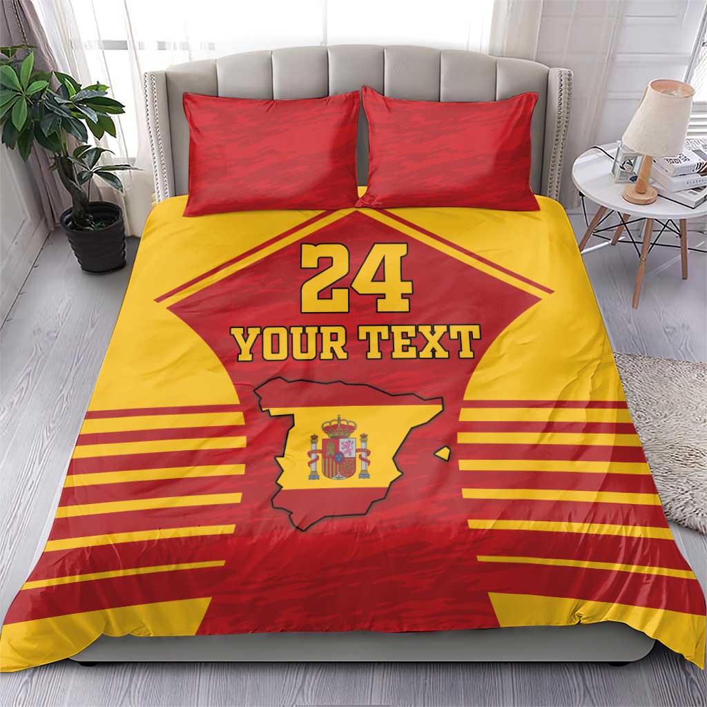 Red and yellow Spain coat of arms bedding set with 24 and “YOUR TEXT” print