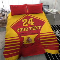 Red and yellow bedding set featuring Spain coat of arms, 24, and “YOUR TEXT”