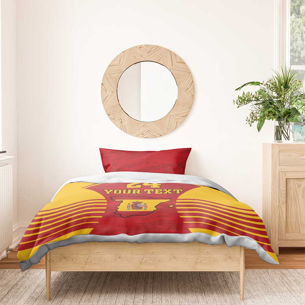 Red and yellow Spain crest bedding set with 24 and “YOUR TEXT” on duvet cover