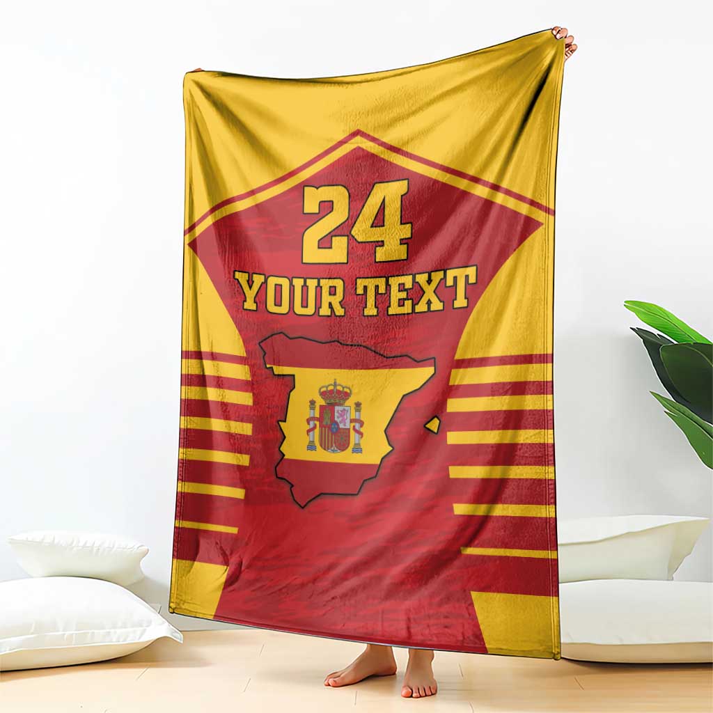 Spain-themed sports blanket, red and yellow flag design with 24, Your Text, coat of arms map