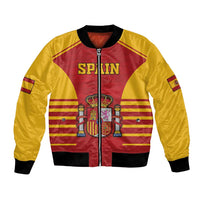 Red and yellow bomber jacket with Spain crest, striped panels, ribbed cuffs