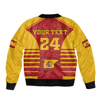Red and yellow bomber jacket back print with 'YOUR TEXT 24' and Spain emblem